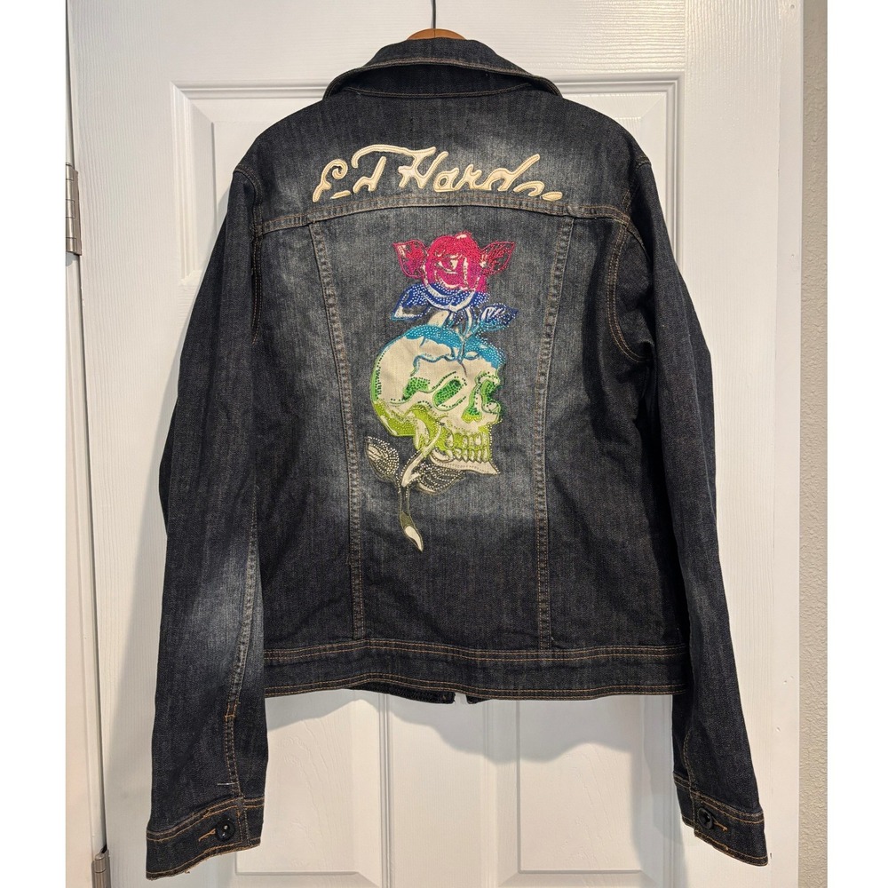Ed Hardy Christian Audigier Rhinestone Denim‎ Jacket XL Skull Rose Y2K Mallgoth